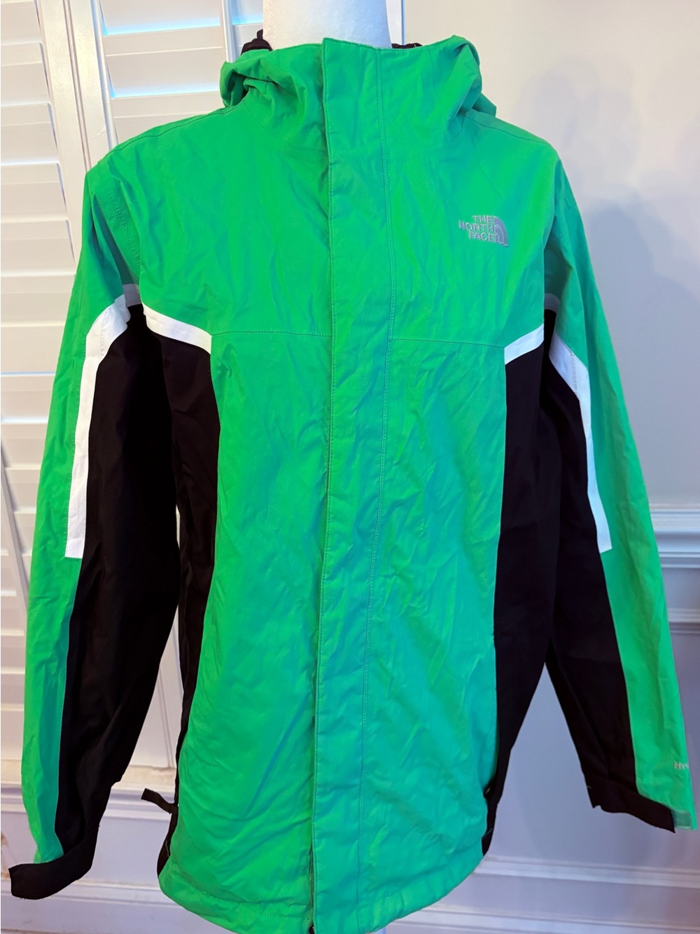 The North Face Bright Green Hooded Raincoat with Black & White Panels